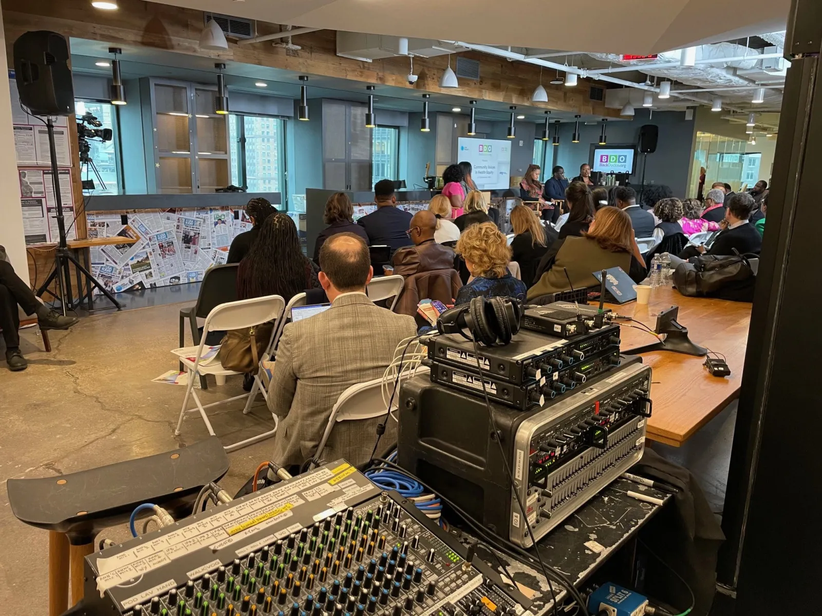 PA system and mixing board at a live event